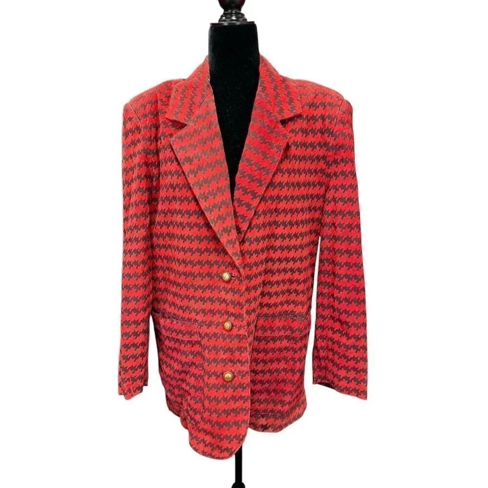 The Limited Women's 100% Leather Red Houndstooth Blazer Jacket Lined Size M